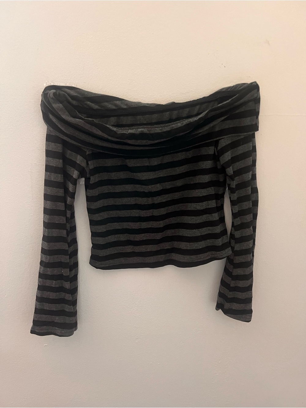Striped Off-Shoulder Long Sleeve Top - Black & Gray